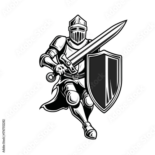 Knight in armor with sword and shield in vector illustration