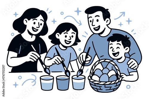 Family Egg Painting. Family tradition. Parents and kids smiling as they dip brushes into cups of pastel paint,