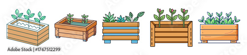 Diverse wooden planter boxes filled with lush green plants outdoor decor