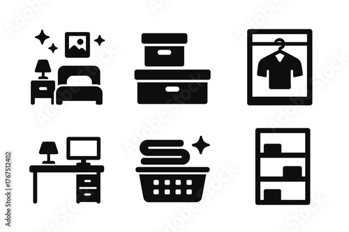 Home Organization Icons. Home organization. Filled icon set of home organization: tidy room, storage boxes,