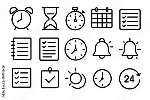 Time Management Icons. Time management. Line outline icon set of time management: alarm clock, sand timer,