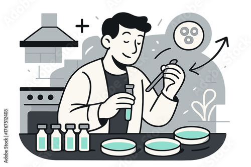 Home Cell Culture Experiment. Cell culture at home. Small glass vials and petri dishes arranged neatly on a