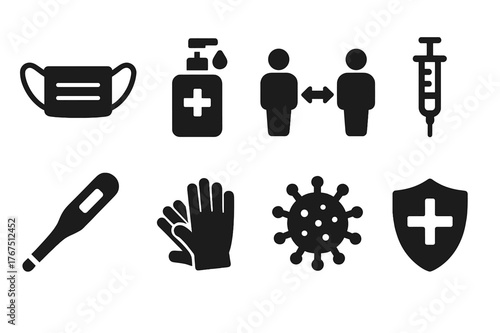 Post-Pandemic Essentials Icons. Post-pandemic lifestyle. Filled icon set of Post-pandemic lifestyle: face mask