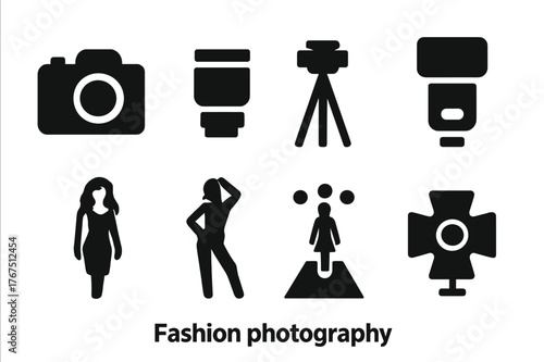 Fashion Icon Set. Fashion photography. Filled icon set of Fashion photography: camera, lens, tripod, flash,