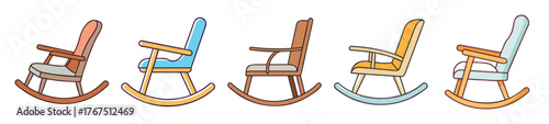 Collection of five anime-style characters sitting on rocking chairs