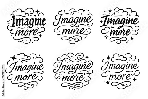 Calligraphy Imagination Grid. Imagine more. Create a calligraphy lettering illustration of the phrase: Imagine