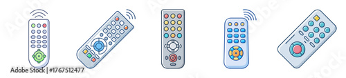 Collection of various electronic device remote controls showing buttons and designs