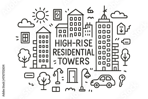 High-Rise Doodle Towers. High- Residential Towers. Hand-drawn doodle illustration of High-Rise Residential