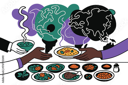 Global Culinary Exchange. Culinary diversity. Hands from around the world passing plates across a long shared