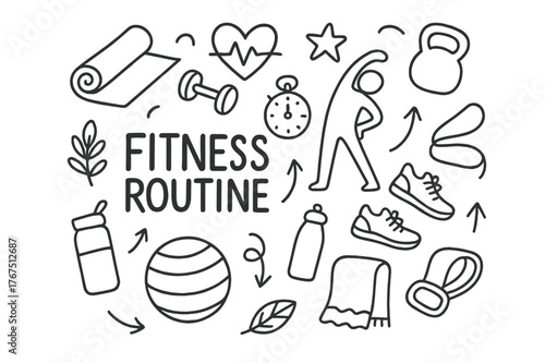 Fitness Routine Doodle. Fitness Routine. Hand-drawn doodle illustration of Fitness Routine. yoga mat, dumbbell