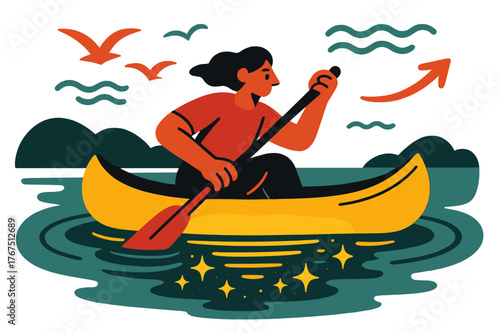 Glowing Canoe Scene. On the lake. A glowing wooden canoe floating on water with a paddler inside, ripples and