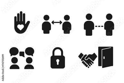 Friendship Boundaries Icons. Boundaries in friendship. Filled icon set of boundaries in friendship: stop hand