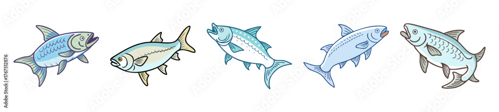 Fototapeta premium Abstract watercolor splashes paint five energetic tarpon fish swimming together