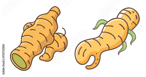 Two cartoon-style illustrations of taro roots with green sprouts