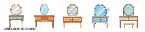 Five elegant vanity tables with mirrors and decorative items displayed