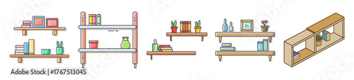 Architectural drawing of a modern wall shelf design with various elements