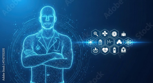 Digital doctor hologram with healthcare icons on a dark blue backdrop