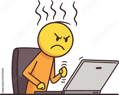 Angry Man Stick Figure Cartoon at Laptop Computer with Steam Coming Out of Head, Frustration, Tech Stress, and Burnout Concept Vector Art.