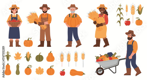 Autumn Harvest Farmers Illustration Set with Vegetables and Wheat