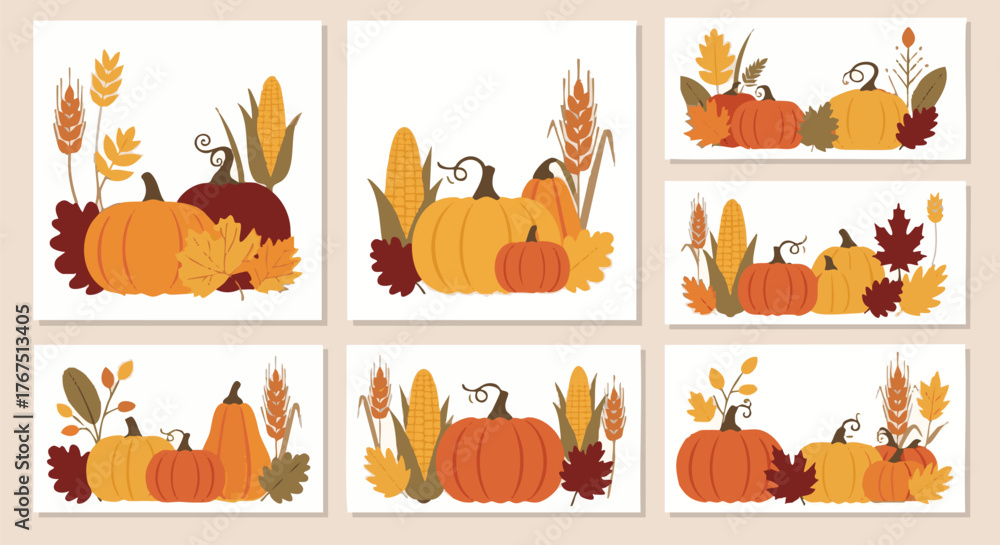 Fototapeta premium Autumn Harvest Pumpkins and Corn with Wheat and Fall Leaves Flat Vector Set