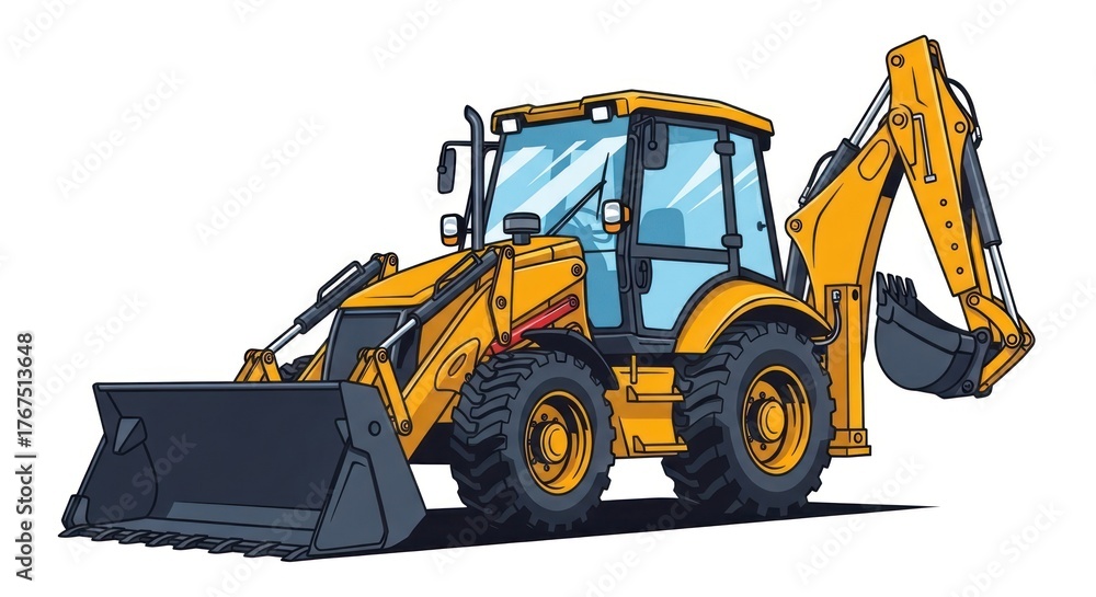 Naklejka premium Cartoon of yellow construction backhoe with bucket and arm, detailed vector