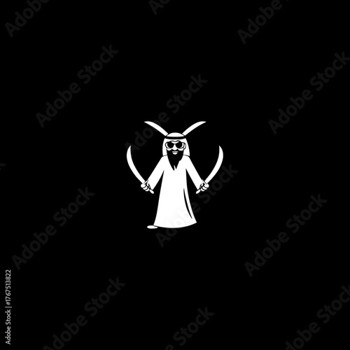 Stylized illustration of a robed figure with swords on black backdrop