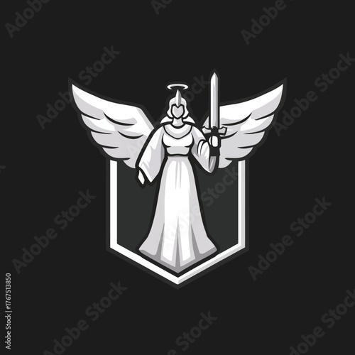 Stylized angel illustration with sword and wings on shield emblem