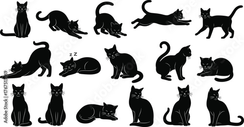 Cat silhouette vector illustration, black and white, various feline poses, sleeping, walking, jumping, stretching, pet theme, animal icon, graphic design