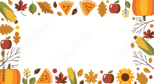 Autumn Thanksgiving Frame Border with Pumpkin, Pie, Corn, Apple, and Fall Leaves Vector