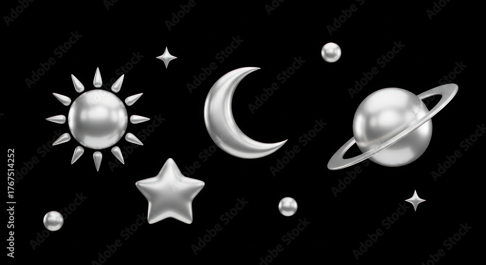 custom made wallpaper toronto digitalSilver 3D planets, sun, moon, stars in black space, minimalist