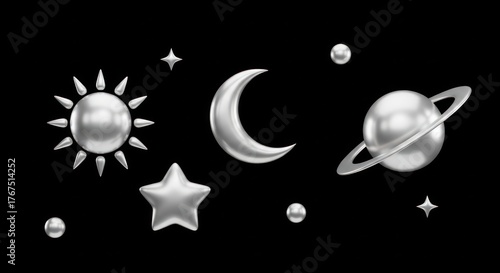 Wallpaper Mural Silver 3D planets, sun, moon, stars in black space, minimalist Torontodigital.ca