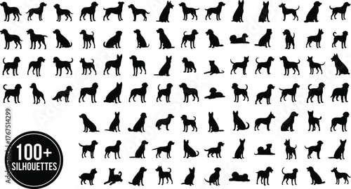 Dog silhouette vector illustration, black and white, 100+ breed icons, sitting, standing, walking poses, pet theme, animal graphic, design elements