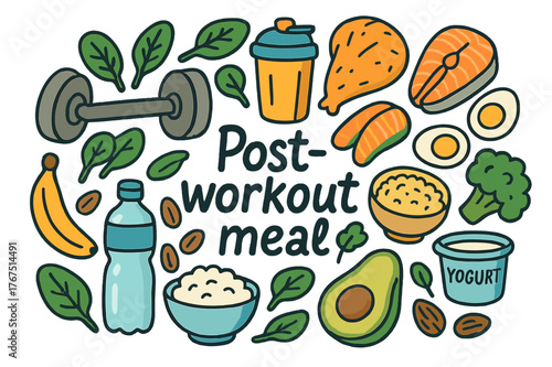 Post-Workout Meal Doodle. Post-workout meal. Hand-drawn doodle illustration of Post-workout meal. Dumbbell,