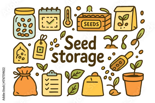 Seed Storage Doodle. Seed storage. Hand-drawn doodle illustration of Seed storage. Glass jar, metal tin,