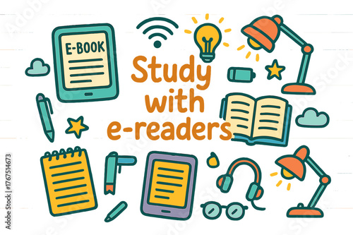 E-Reader Study Doodles. Study with e-readers. Hand-drawn doodle illustration of Study with e-readers. E-reader