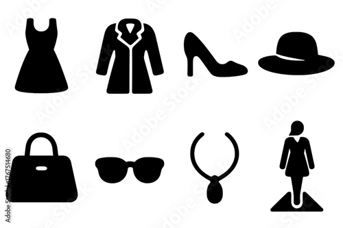Fashion Icon Set. Designer collection. Filled icon set of Designer collection: dress, coat, high heels, hat,