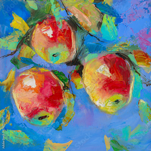 Red apples on a tree branch, oil painting with textured brushstrokes and blue background