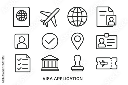 Visa Application Icons. Visa application. Line outline icon set of visa application: passport, airplane, globe