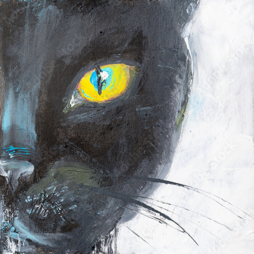 Black cat with yellow eye close-up, oil painting with textured brushstrokes and monochrome background