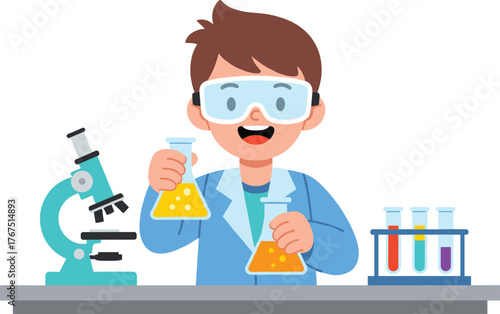 Cartoon young scientist in lab coat holding flasks with microscope and test tubes on table in colorful science illustration