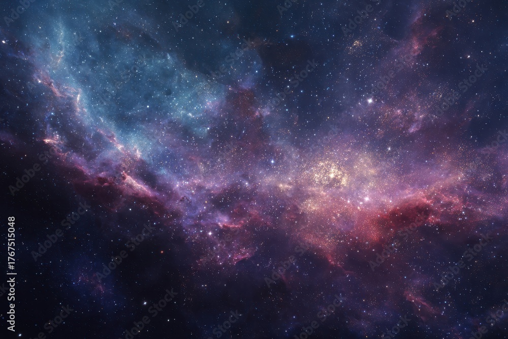 Obraz premium Majestic cosmic scene with vibrant stars and colorful gas clouds in deep blue, purple, and pink hues, evoking a sense of mystery and grandeur in the vast universe