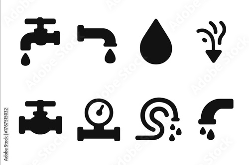 Water Flow Icon Set. Water flow. Filled icon set of Water flow: faucet, pipe, water droplet, flow arrow, valve