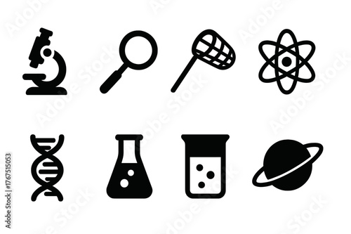 Science Icon Set. Science outdoors. Filled icon set of Science outdoors: microscope, magnifying glass,