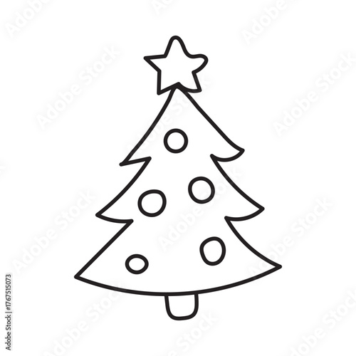Hand-drawn outline of a festive Christmas tree decorated with baubles and a star, perfect for holiday designs and winter celebrations