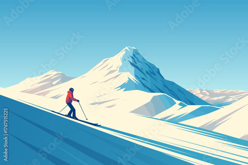 Skier on a mountain slope during the day, vector illustration