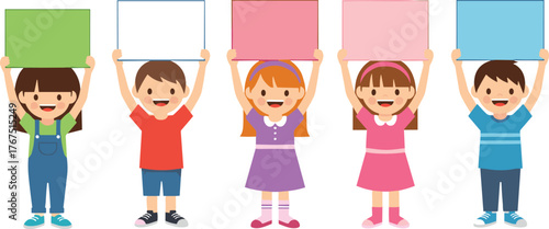 Five cartoon children holding colorful signs above their heads, representing diversity, creativity, and playful expression in educational design