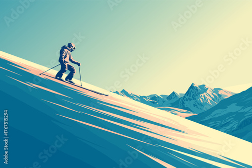 Skier on a mountain slope during the day, vector illustration