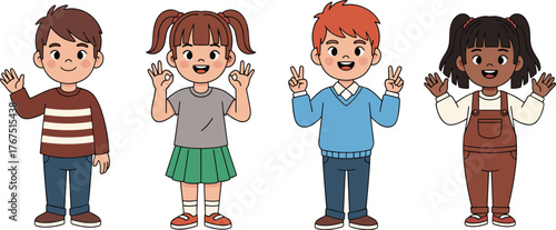 Four cartoon children standing side by side making hand gestures and smiling in diverse outfits on white background