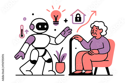Smart Home Care. Smart home care. A domestic robot interacting with connected home devices?temperature, lights
