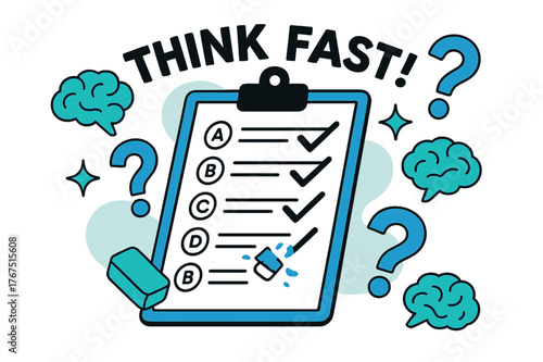 Quiz Time Sparkles. Class quiz time. A clipboard with a test sheet and eraser marks, surrounded by icons of